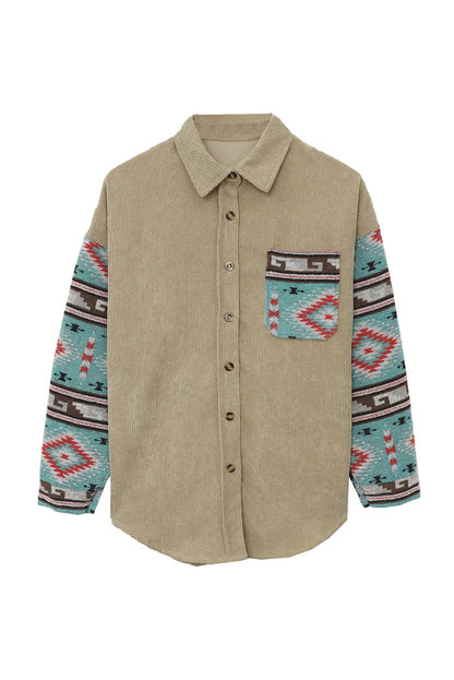 Khaki Aztec Pattern Sleeve Pocketed Corduroy Shacket - Chic Meadow Boutique 