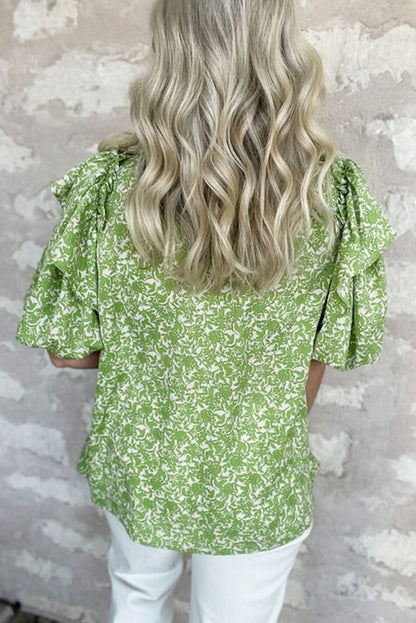 Light Green Floral Ruffle Puff Short Sleeve Frilled Collar V Neck Blouse