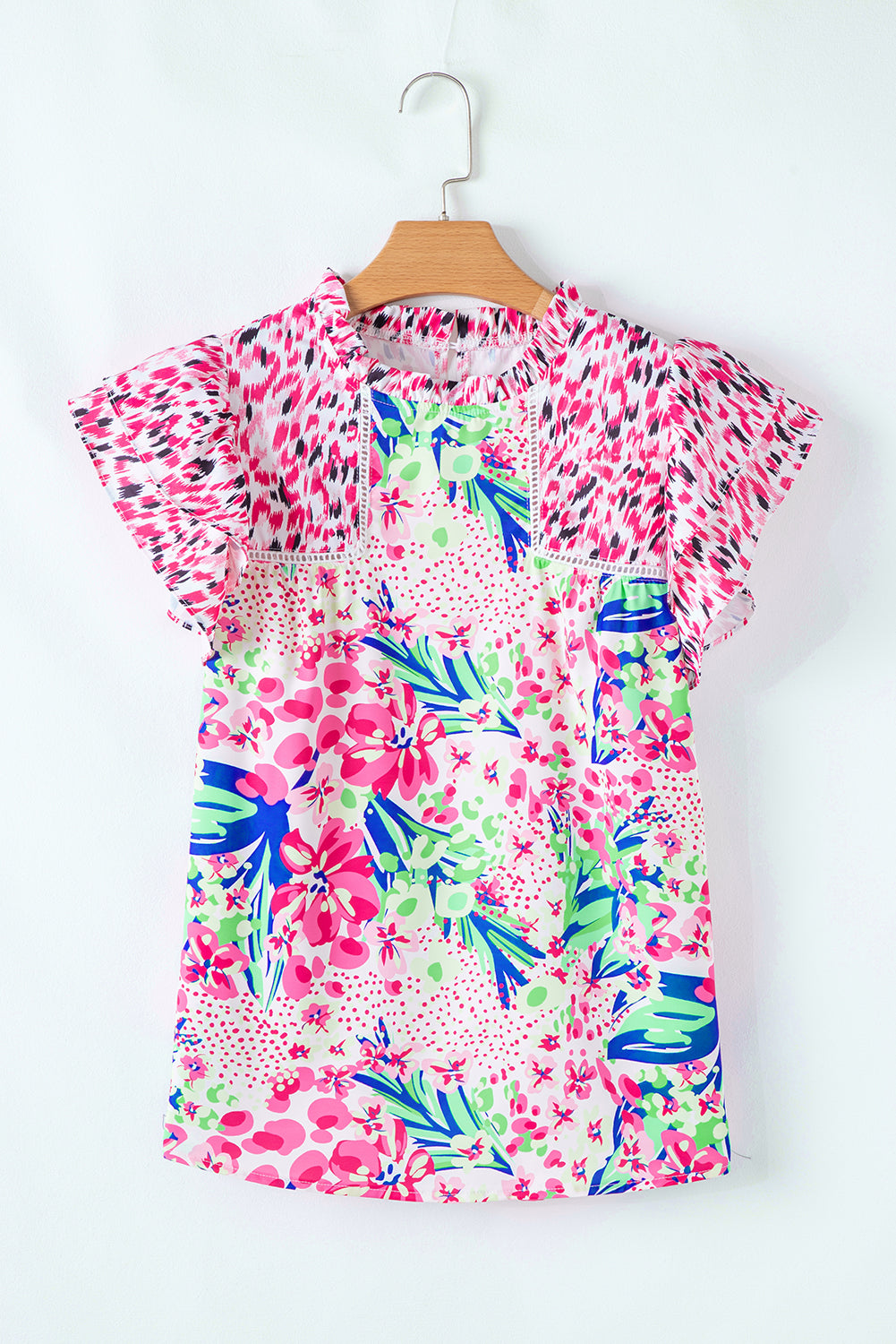 Pink Floral Mixed Print Ruffle Cap Sleeve Blouse