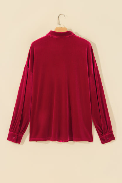 Fiery Red Soft Velvet Patch Pocket Button Down Loose Shirt