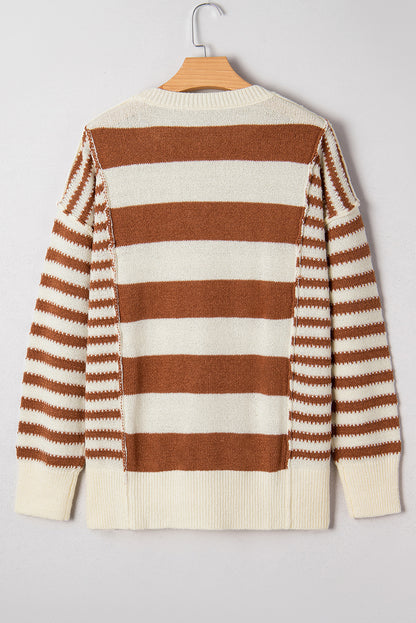 Brown Stripe Drop Shoulder Sleeve Patchwork Baggy Sweater