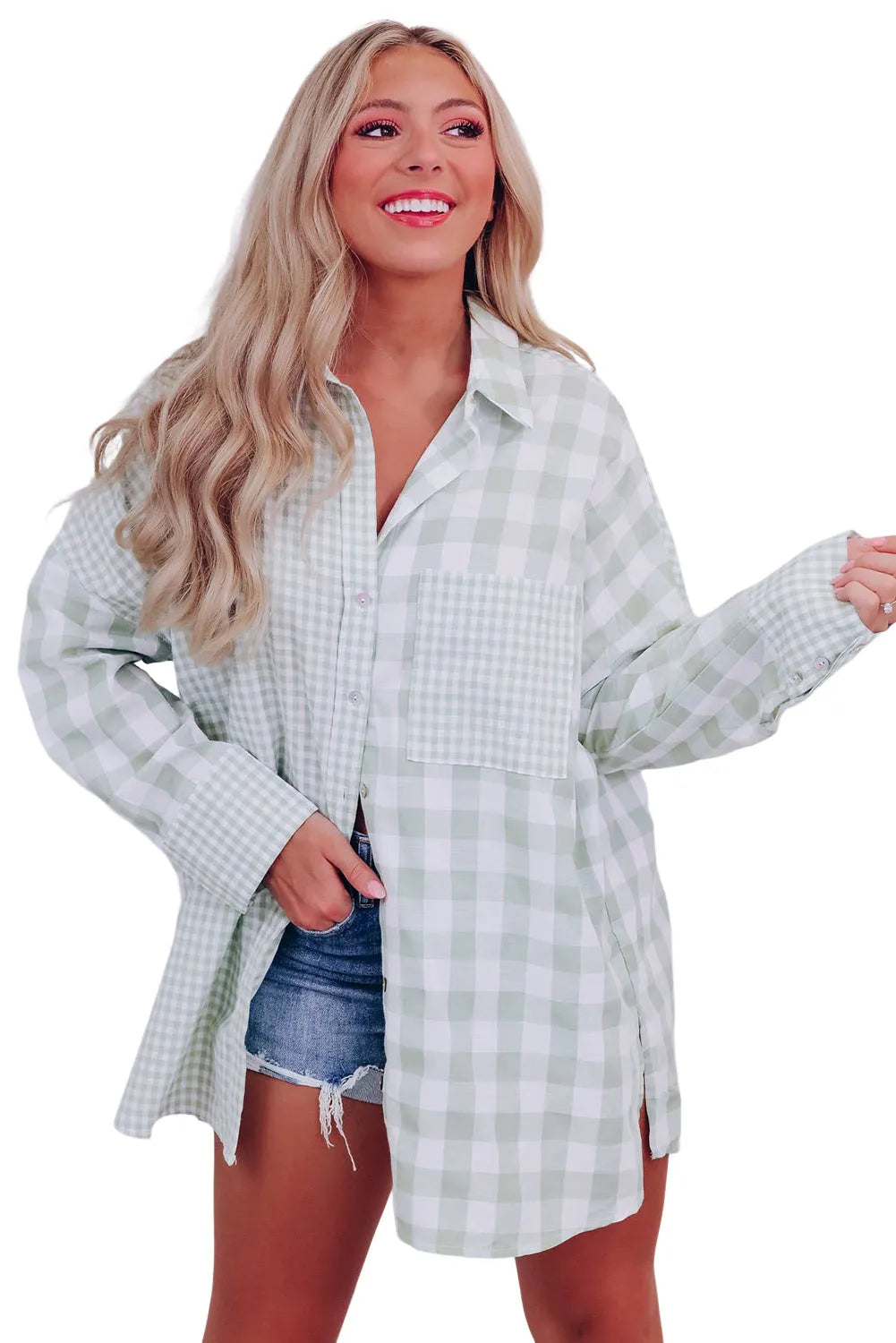 Tops/Blouses & Shirts Green Mix Checked Patchwork Long Sleeve Shirt