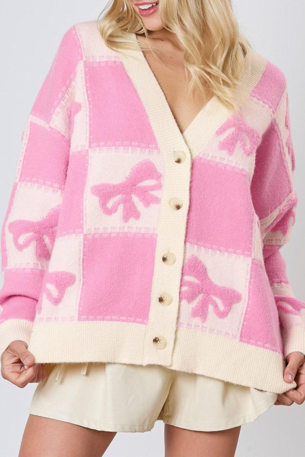 Sweaters & Cardigans/Cardigans Pink / S / 52%Viscose+26%Polyester+22%Polyamide Pink Bowknot Checkered Pattern V Neck Drop Shoulder Button Up Cardigan