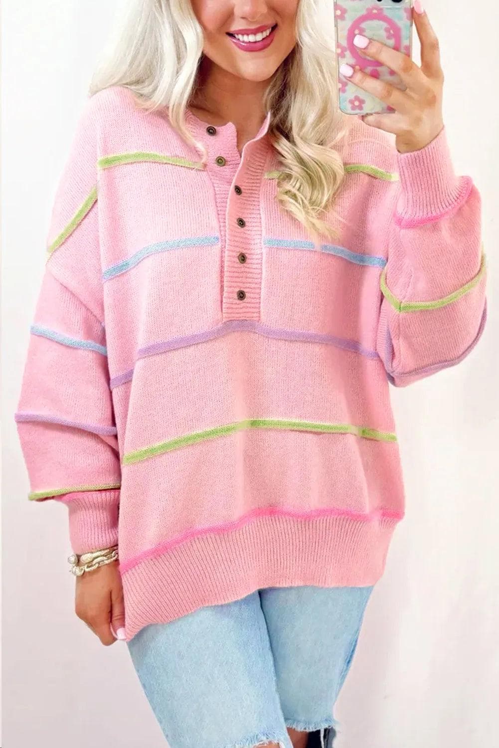 Sweaters & Cardigans/Sweaters Pink / S / 50%Viscose+28%Polyester+22%Polyamide Pink Rainbow Stripes Drop Shoulder Baggy Henley Sweater