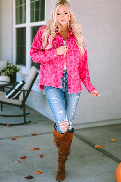 Pink Leopard Print Button Cuffs Raw Hem Jacket - Chic Meadow Boutique 