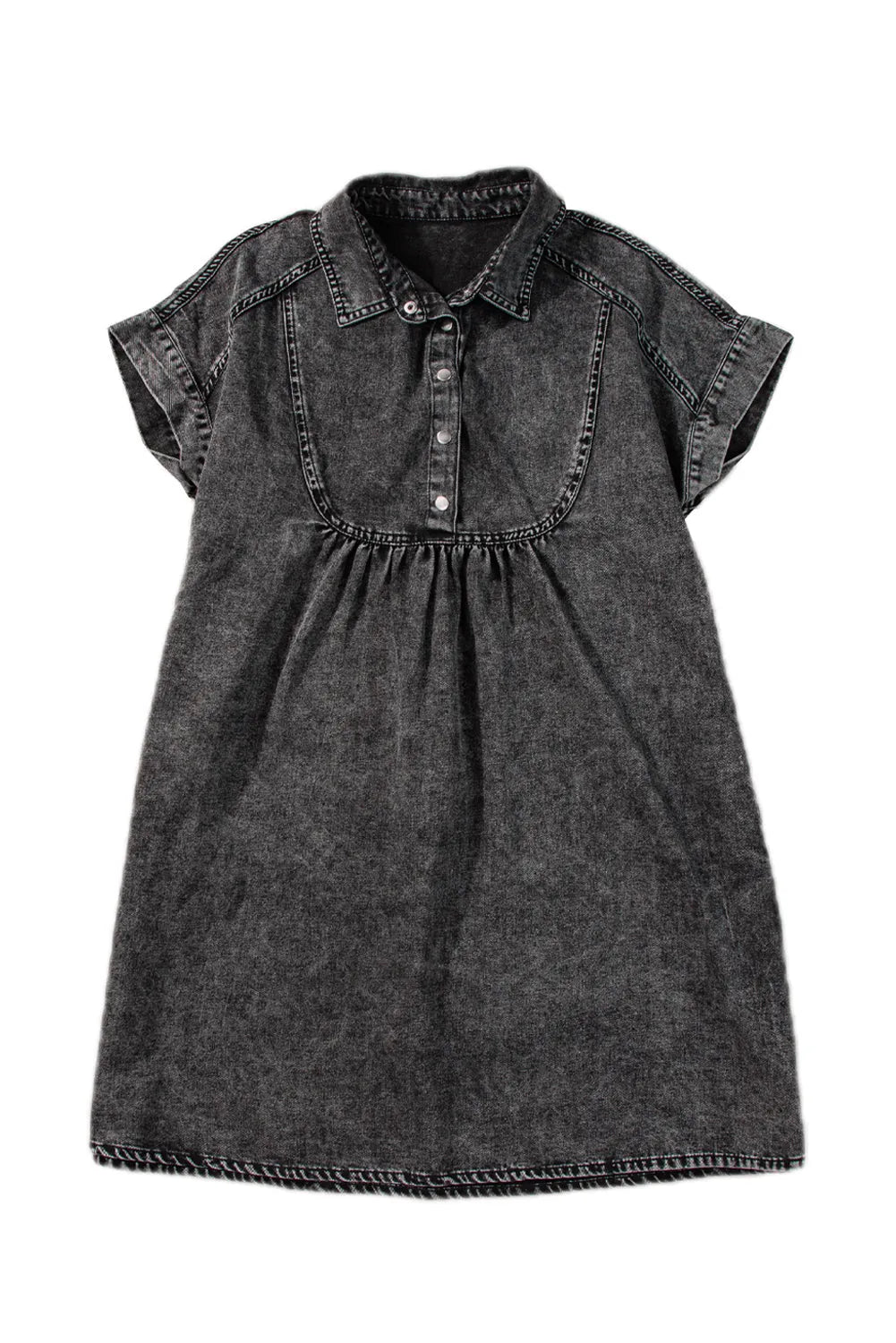 Black Acid Wash Button Front Collared Short Sleeve Denim Dress - Chic Meadow Boutique 