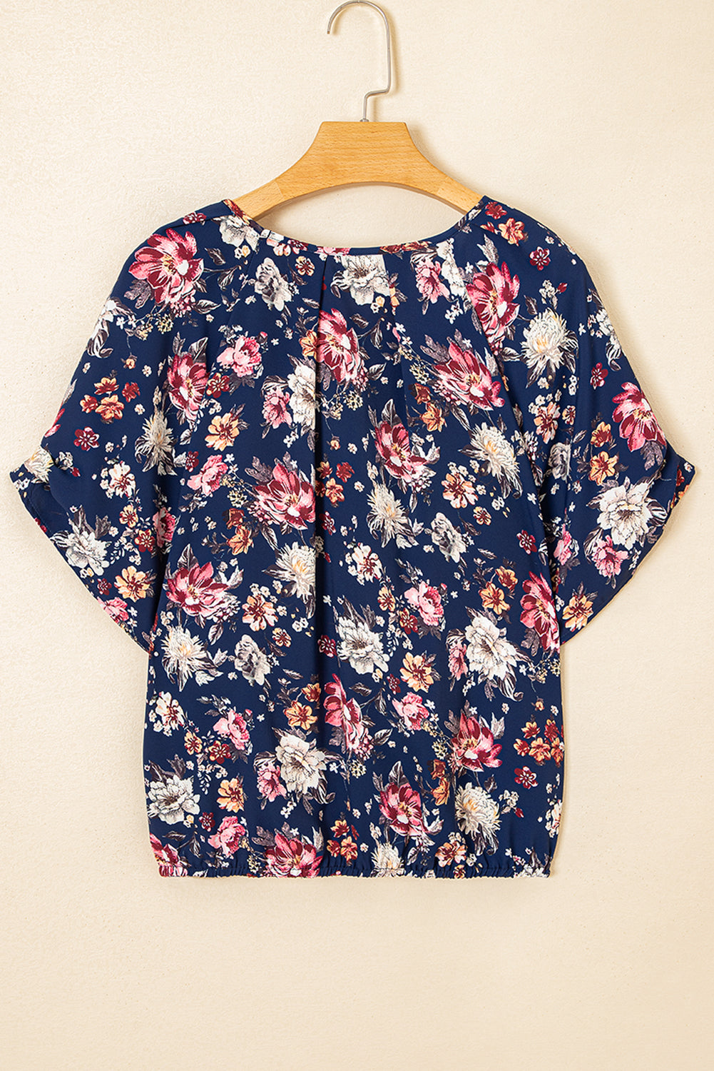 Blue Floral Short Sleeve Scoop Neck Casual Blouse