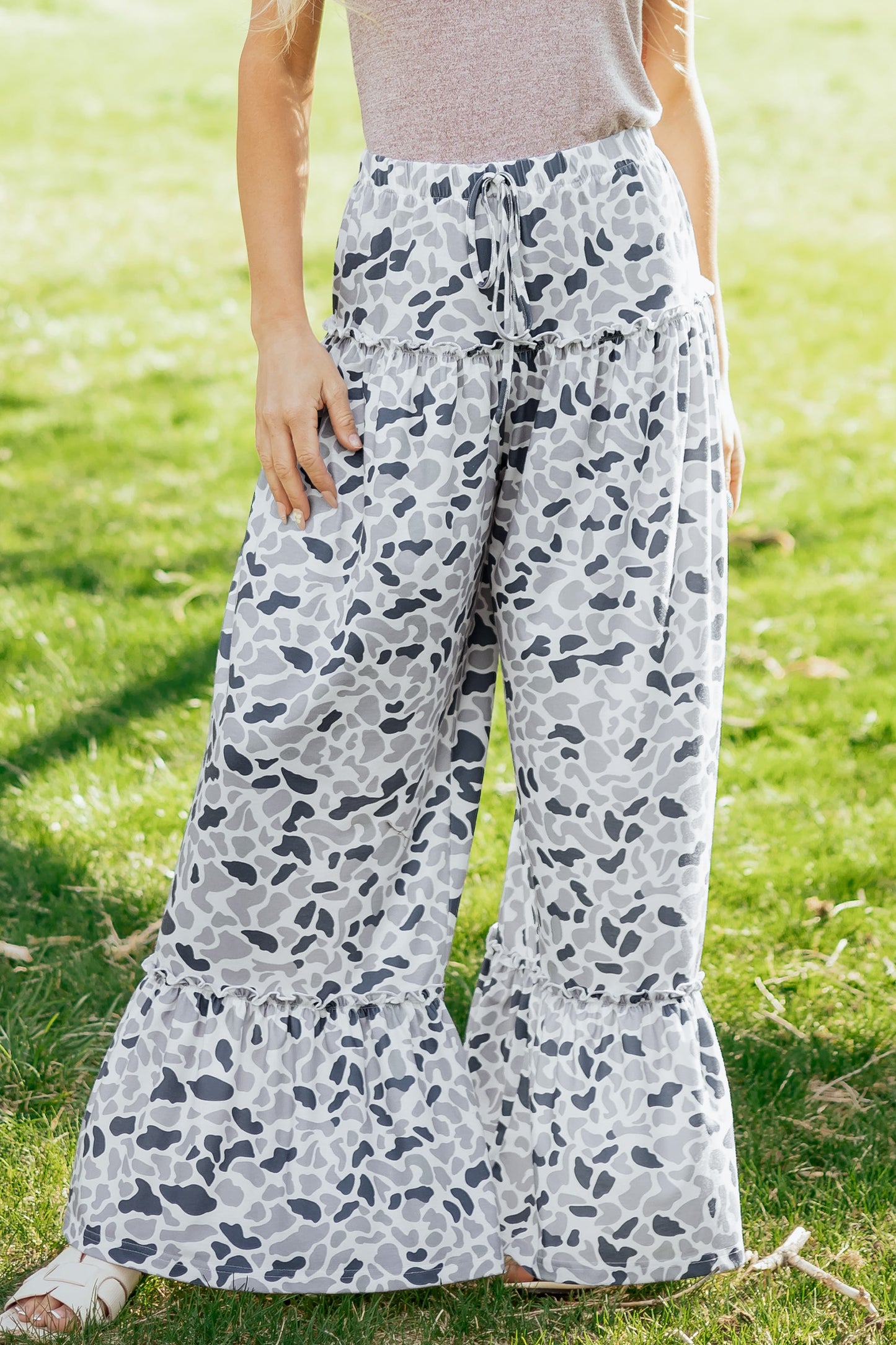 Beige Camo Print Wide Leg Casual Pants