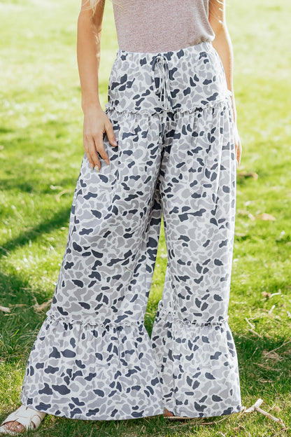 Beige Camo Print Wide Leg Casual Pants