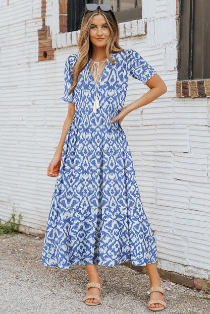 Sky Blue V Neck Casual Geometric Print Maxi Dress - Chic Meadow Boutique 