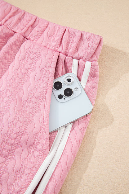 Pink Contrast Trim Textured Crewneck Tee and Pocketed Skirt Set