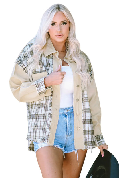 Khaki Distressed Raw Edge Plaid Patchwork Denim Jacket - Chic Meadow Boutique 