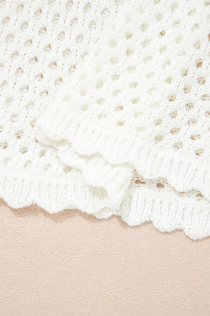 White Scalloped Trim Hollow Out Knit Long Sleeve Top