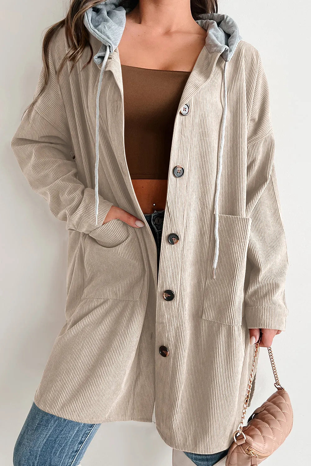 Beige Oversized Corduroy Contrast Hooded Shacket - Chic Meadow Boutique 