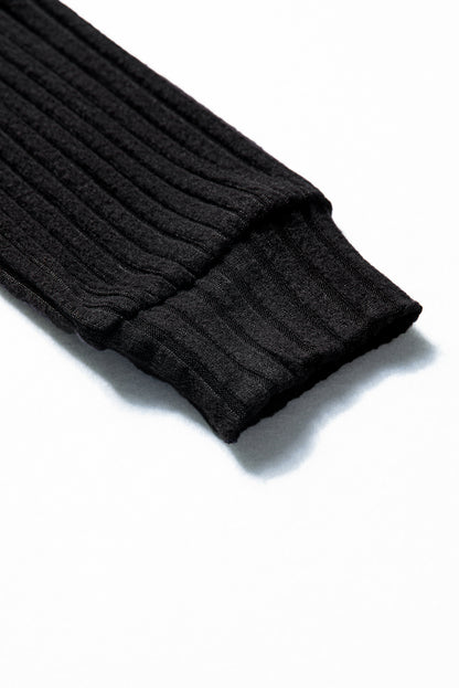Black Ribbed Texture Round Neck Long Sleeve Rounded Hem Knit Top