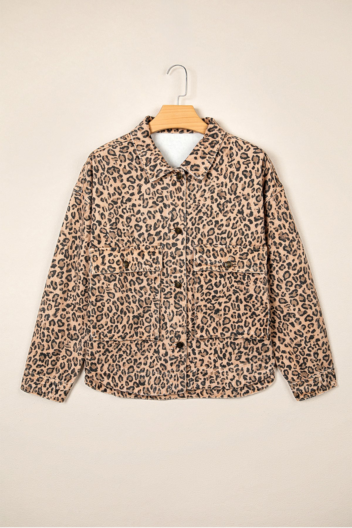 Khaki Leopard Print Collar Long Sleeve Patch Pocket Shift Denim Jacket