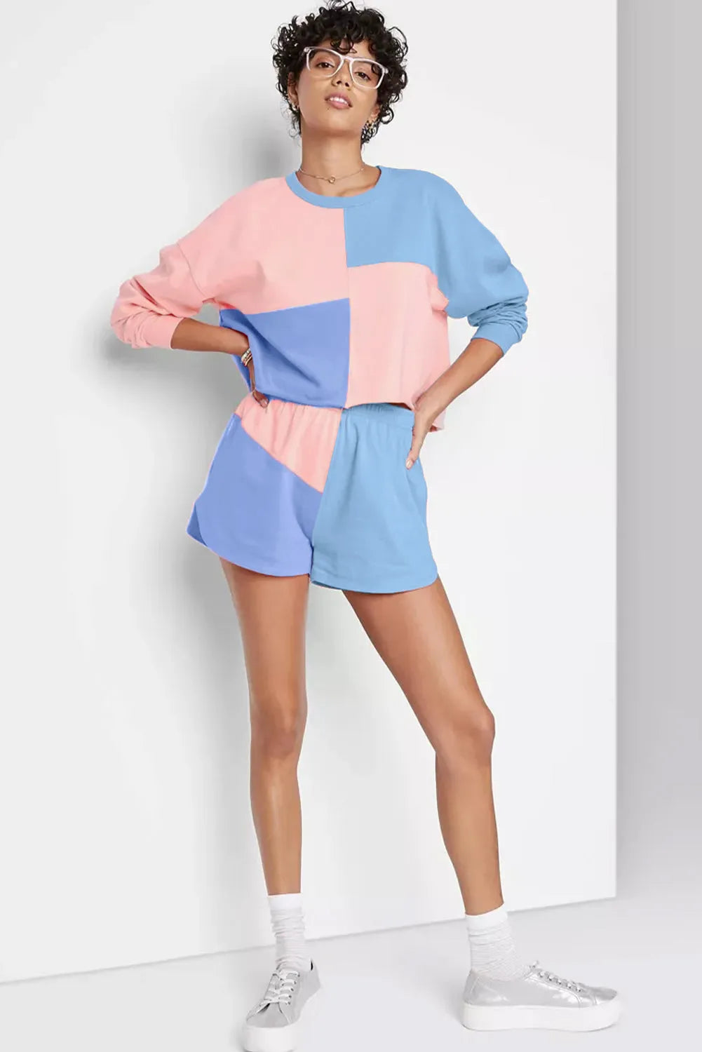 Sky Blue Colorblock Patchwork Long Sleeve Shorts Outfit - Chic Meadow Boutique 