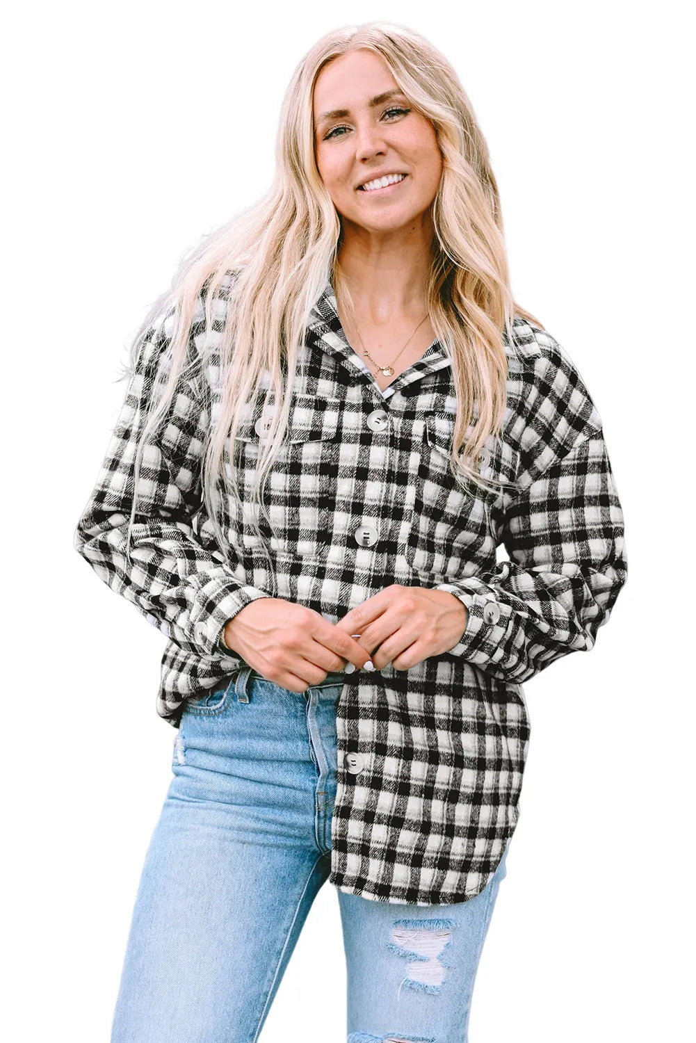 Black Plaid Print Chest Pockets Buttoned Tunic Shacket - Chic Meadow Boutique 