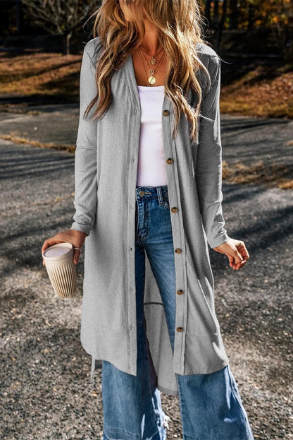 Tops/Sweaters & Cardigans Gray Ribbed Button-Up Split Duster Cardigan