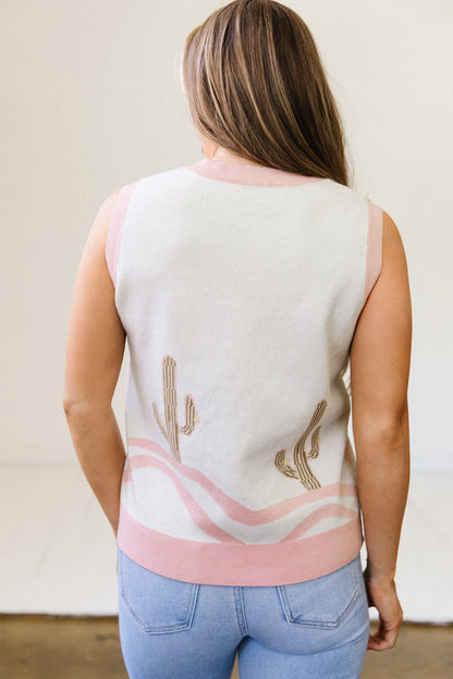 Pink Color Block Trim Button Front Cactus Pattern Western Sweater Vest