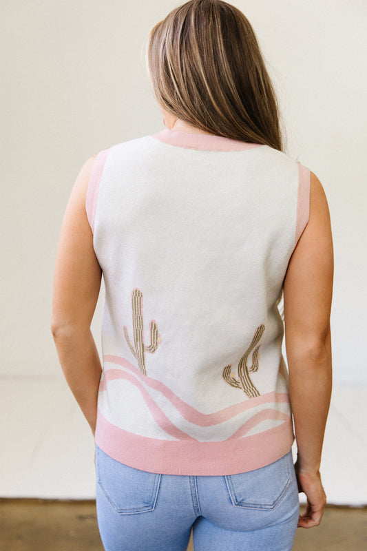 Pink Color Block Trim Button Front Cactus Pattern Western Sweater Vest