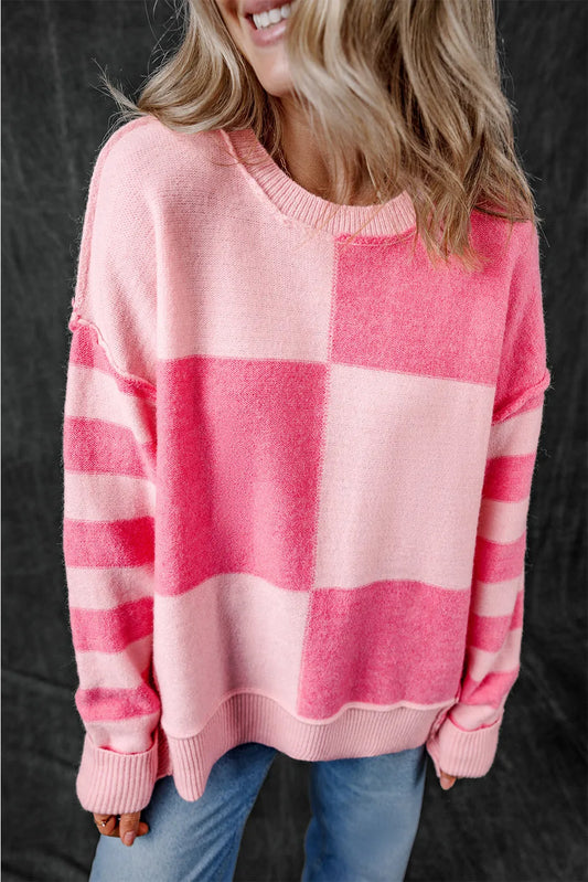 Pink Checkered Colorblock Striped High Low Loose Sweater - Chic Meadow Boutique 