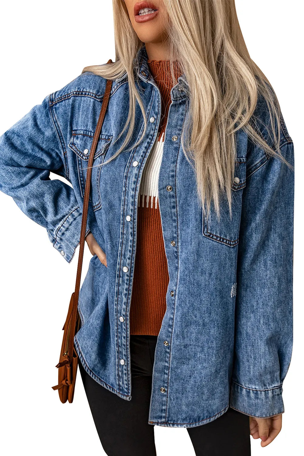 Chest Pockets Long Sleeve Denim Shirt Jacket - Chic Meadow Boutique 