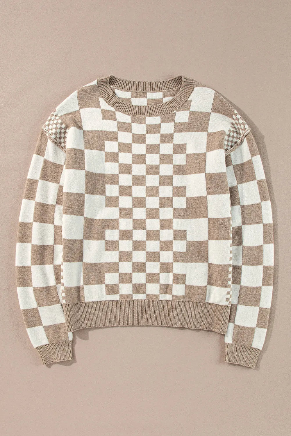 Khaki Checkered Print Drop Shoulder Round Neck Sweater - Chic Meadow Boutique 