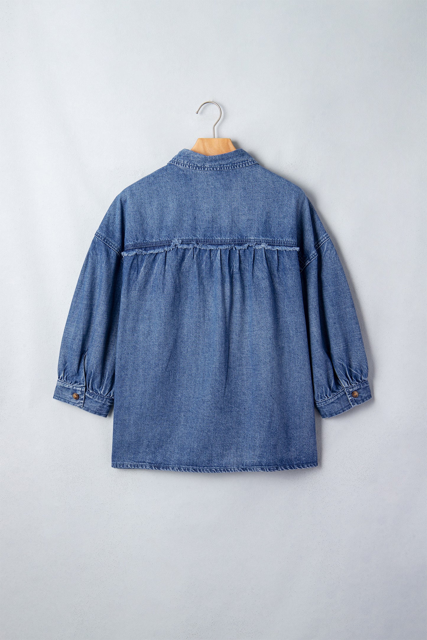 Dusk Blue Three Quarter Sleeve Button Front Loose Denim Shirt