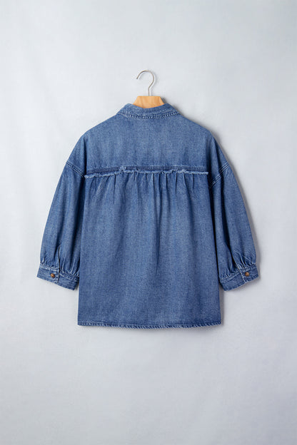 Dusk Blue Three Quarter Sleeve Button Front Loose Denim Shirt