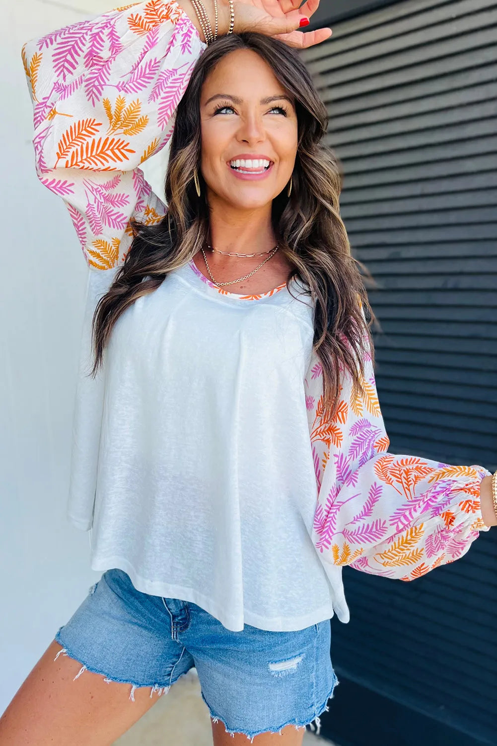 White Tropical Leaf Printed Patchwork Sleeve Round Neck Top - Chic Meadow Boutique 