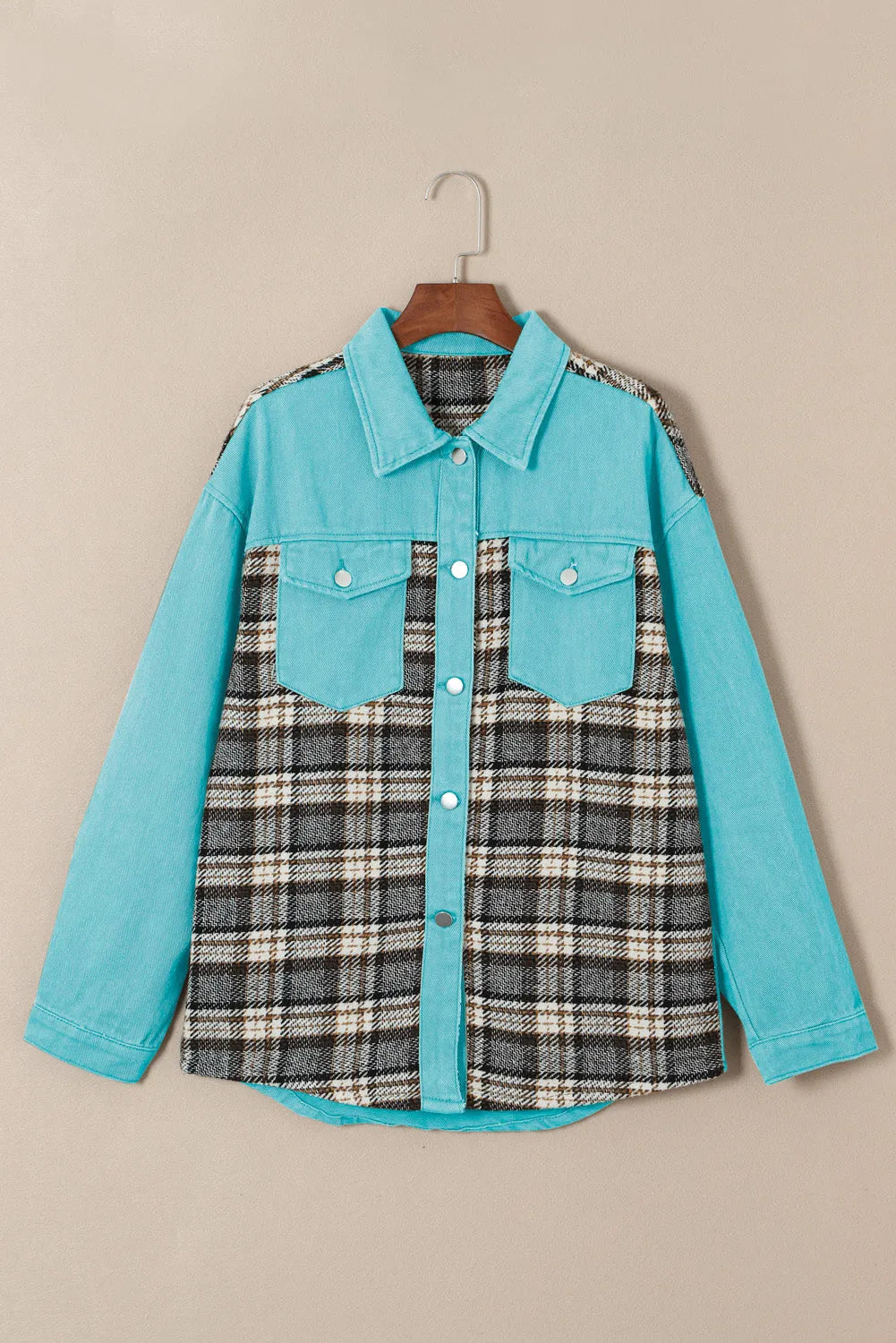 Sky Blue Plaid Patchwork Pockets Denim Jacket - Chic Meadow Boutique 