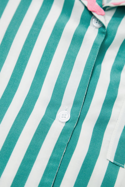 Green Stripe Contrast Ricrac Trim Long Sleeve Shirt Drawstring Ruffled Pajama Short Set