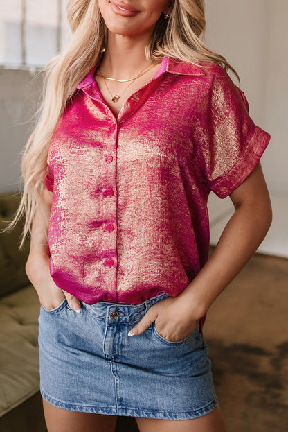 Rose Red Metallic Sheen Short Sleeve Buttoned Front Casual Shirt