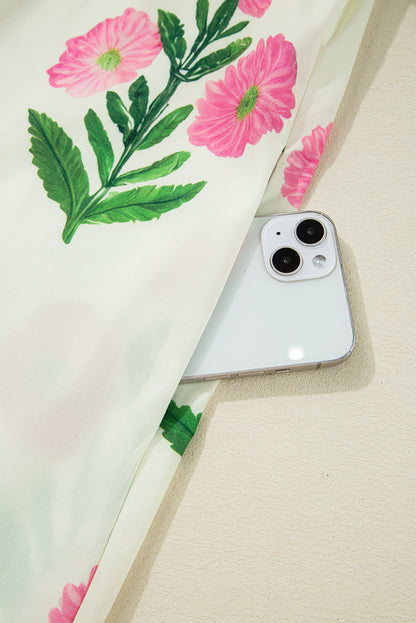 Apricot Floral Short Sleeve Split Neck Loose Mini Dress