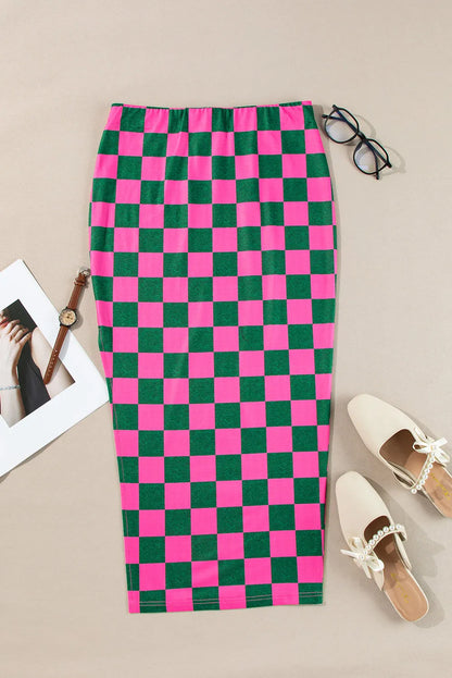 Rose Checkered Print Side Slit High Waist Midi Skirt - Chic Meadow Boutique 