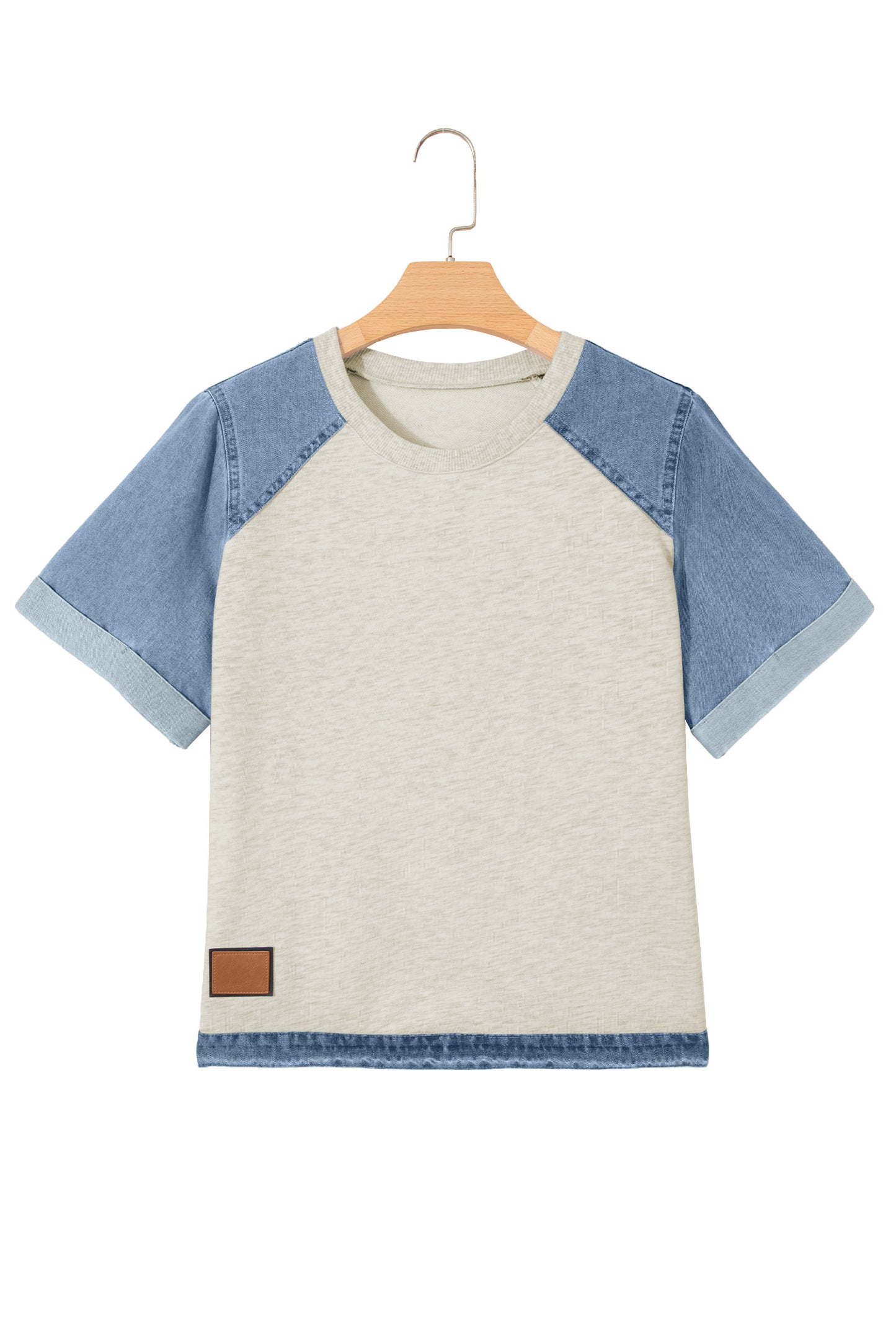 Beige Denim Color Block Patchwork Round Neck Tee