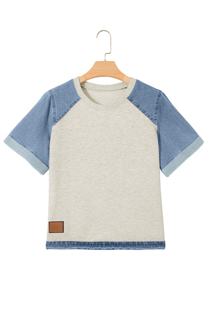 Beige Denim Color Block Patchwork Round Neck Tee