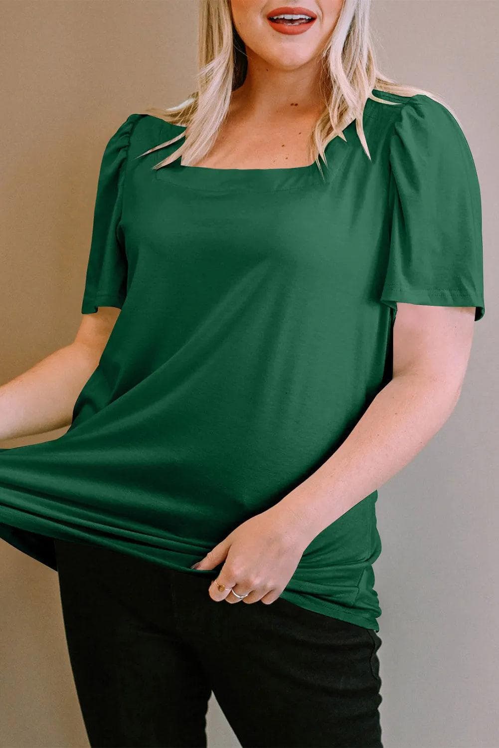 Plus Size/Plus Size Tops/Plus Size Tops & Tees Green Plus Size Square Neck Ruched Shoulder Short Sleeve Top