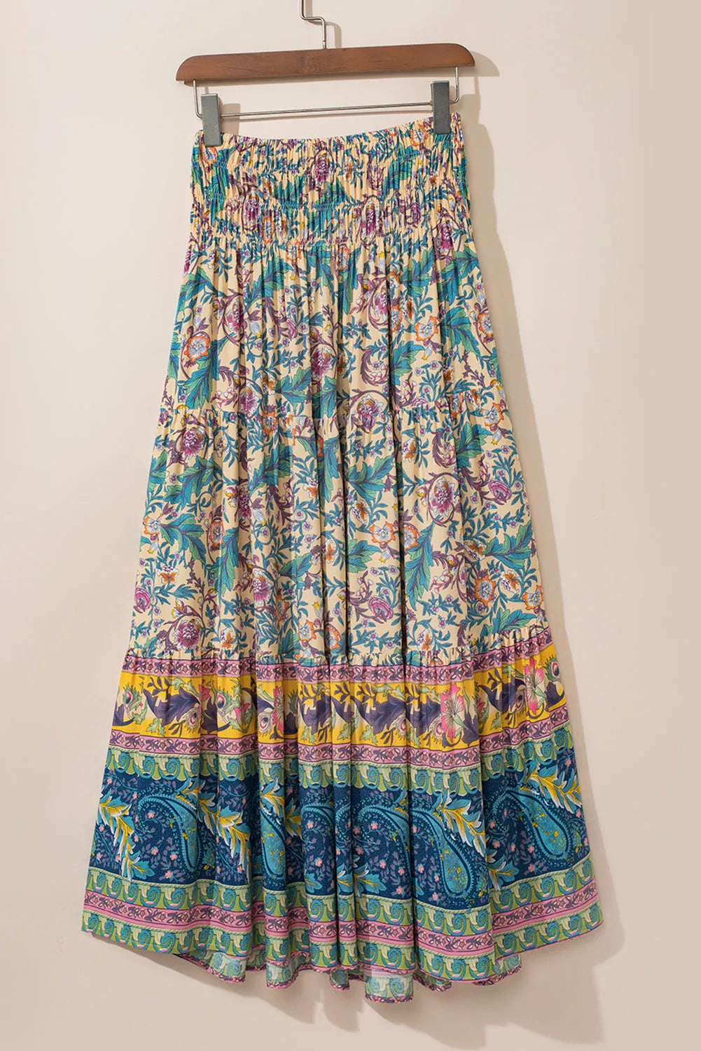 Sky Blue Boho Floral & Paisley Print Shirred Waist Long Skirt - Chic Meadow Boutique 