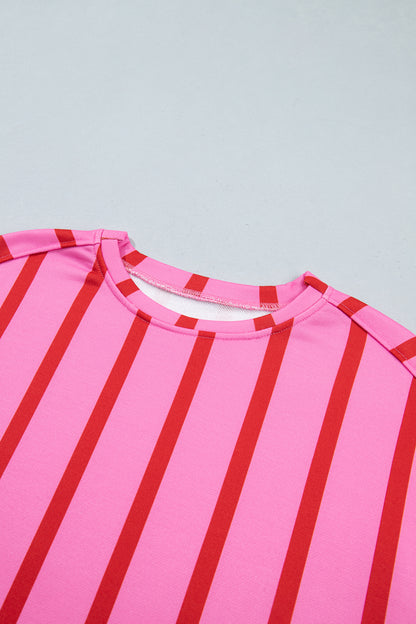 Red Stripe Dropped Shoulder Round Neck Casual Sweatshirt