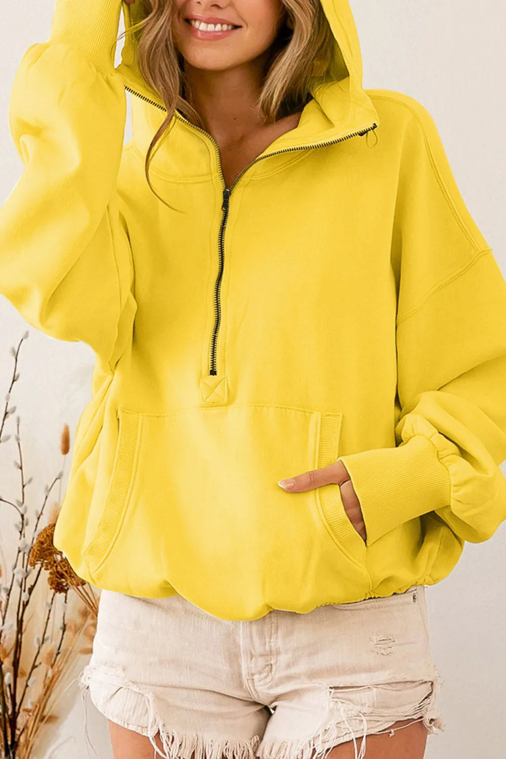 Yellow Ribbed Trim Kangaroo Pocket Zipped Hoodie - Chic Meadow Boutique 