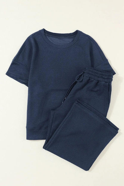 Two Piece Sets/Pant Sets Navy Blue Textured Loose Fit T Shirt and Drawstring Pants Set