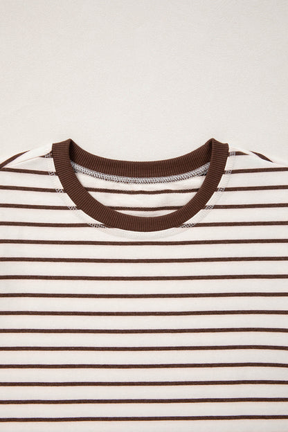 Brown Stripe Ribbed Round Neck Trim Loose Tank Top