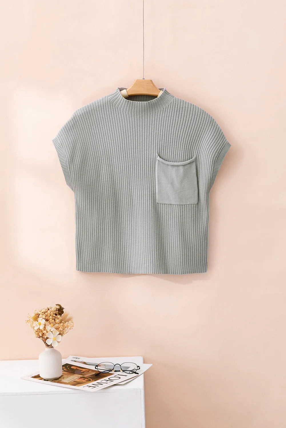 Gray Patch Pocket Ribbed Knit Short Sleeve Sweater - Chic Meadow Boutique 