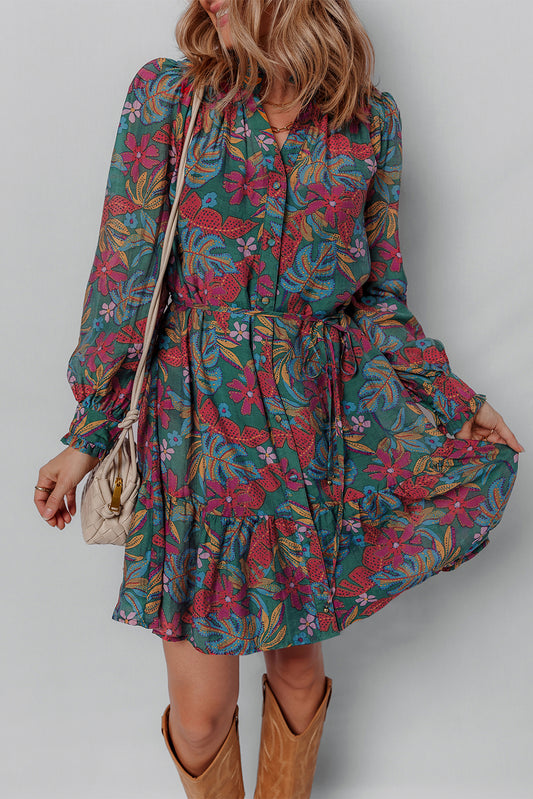 Green Floral Friled V Neck Puff Sleeve Ruffled Shirt Dress