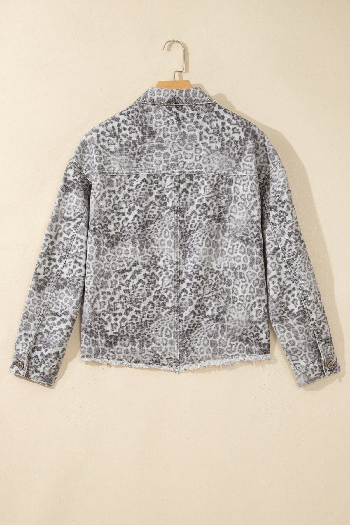 Khaki Leopard Print Studded Collar Studded Patch Pocket Denim Jacket