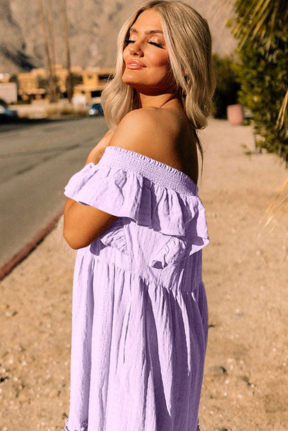 Purple Ruffled Flutter Sleeve Square Neck Textured Tiered Maxi Dress