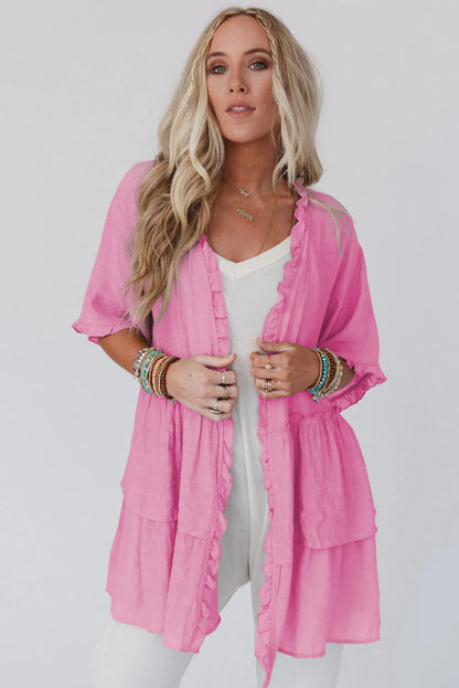 Pink Ruffled Trim Half Sleeve Open Front Kimono - Chic Meadow Boutique 