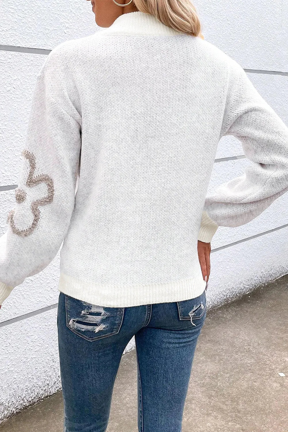 White Contrast Flower Half Zipper Stand Neck Sweater - Chic Meadow Boutique 